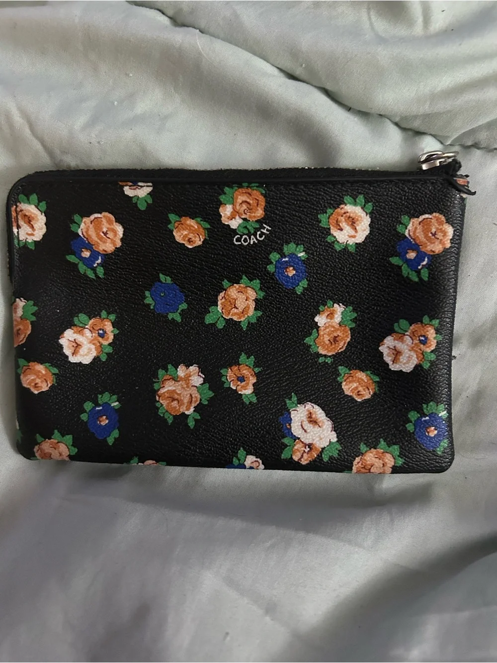 COACH Black Floral Zip Pouch with Peach & Blue Blooms